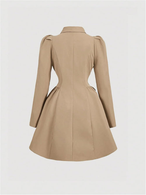 Double-Breasted Long Puff-Sleeve A-Line Trench Coat