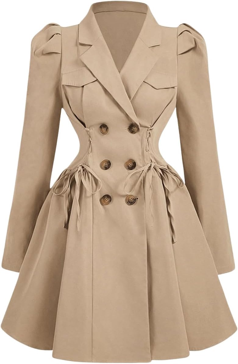 Double-Breasted Long Puff-Sleeve A-Line Trench Coat