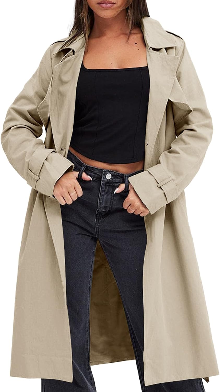 Double-Breasted Windproof Pocketed Belted Trench Coat