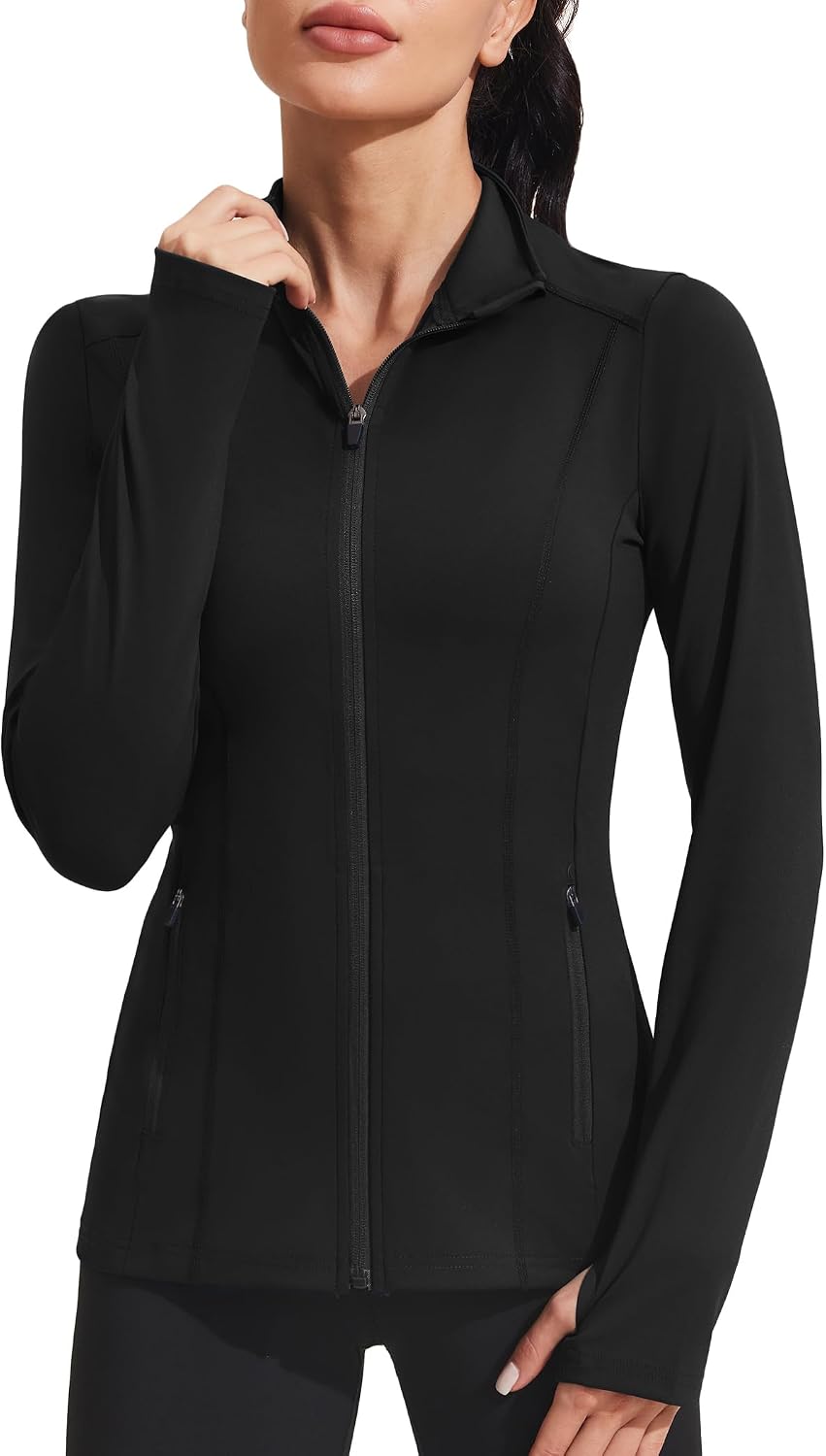 Women Athletic Jackets Slim Fit Workout Jacket Full Zip Up Running Gym Yoga Sports Tops with Pockets