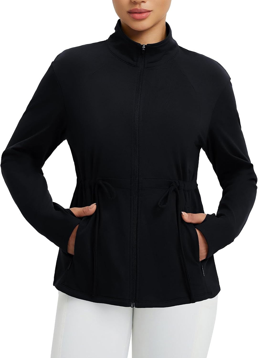 Women Fleece Lined Jacket Zip Up Lightweight Winter Coats with Zipper Pockets Warm Jackets Slim Fit Cinch Waist