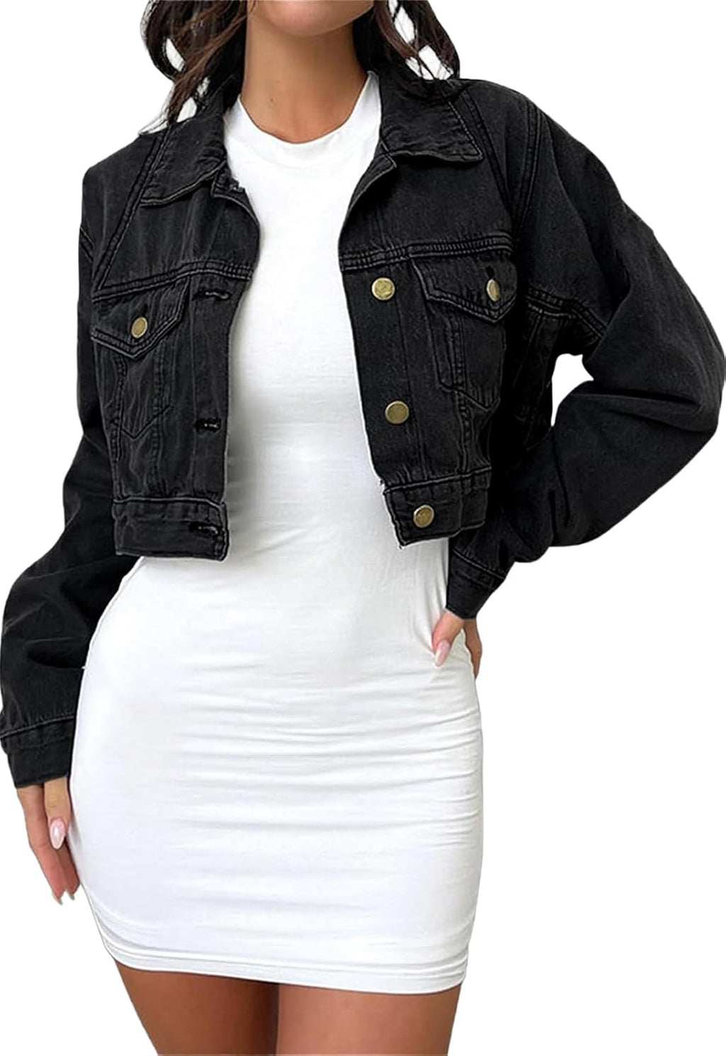 Women Washed Distressed Denim Jacket Long Sleeve Ripped Button Up Cropped Jean Jacket