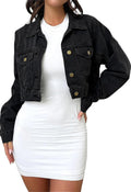 Women Washed Distressed Denim Jacket Long Sleeve Ripped Button Up Cropped Jean Jacket
