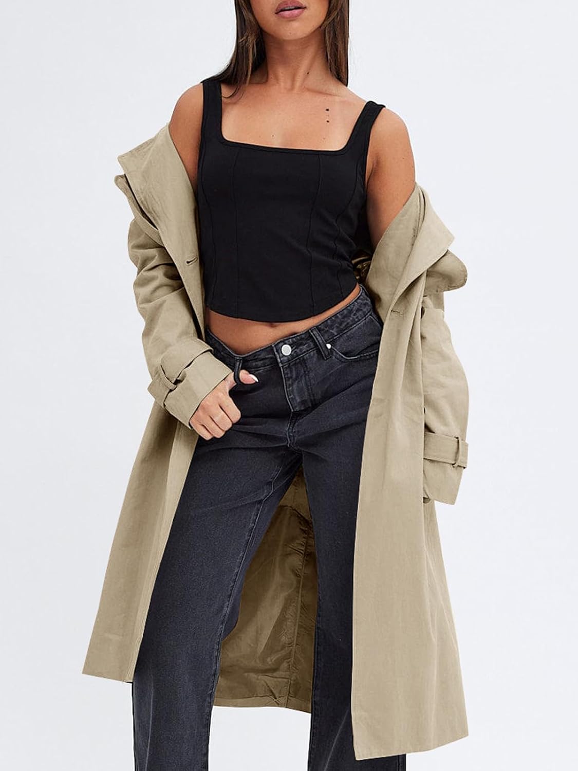 Double-Breasted Windproof Pocketed Belted Trench Coat
