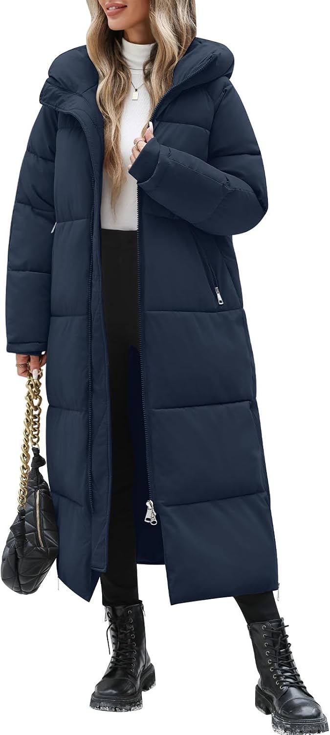 Women Long Winter Puffer Coat Quilted Jackets Warm Hooded Coat Maxi Length Parka Down Thick Outerwear Side Zip Slit