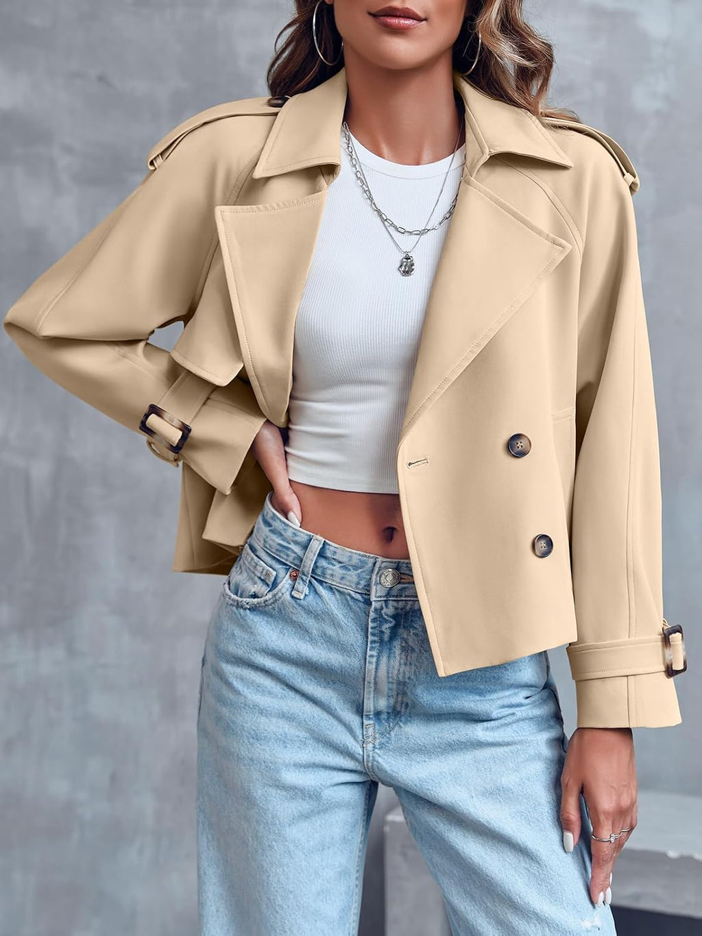 Double-Breasted Raglan Sleeve Pocketed Cropped Jacket