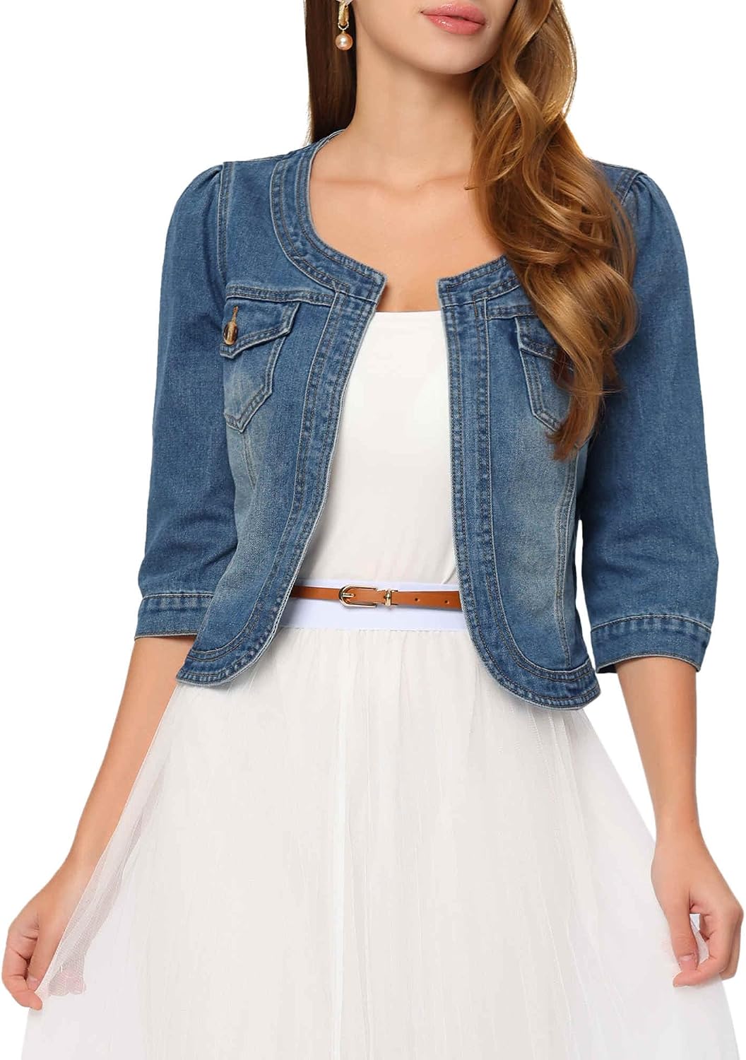 Denim Jacket for Women Collarless  Cardigan 3/4 Sleeve Crop Jean Jackets