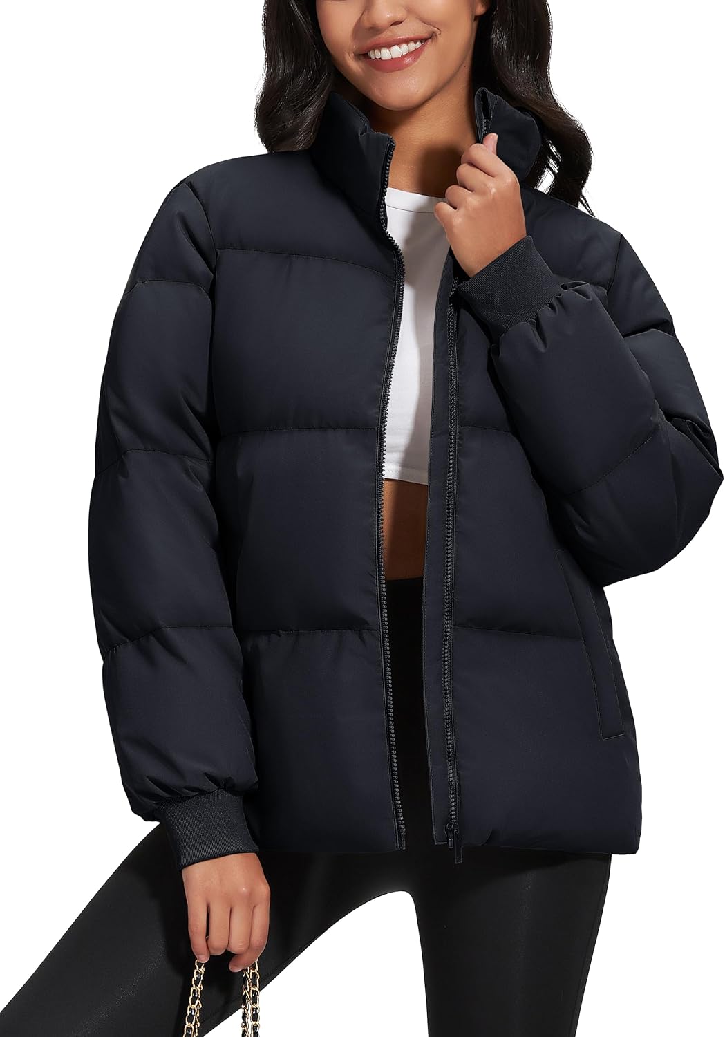Women Winter Down Puffer Jackets Stand Collar Zip Up Water Resistant Warm Padded Quilted Coat with Pockets