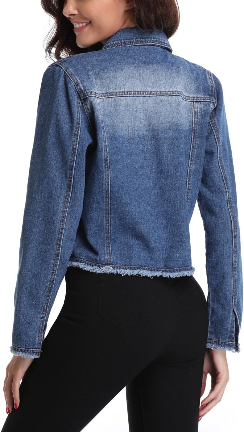 Jean JacketWomenFrayed Washed Button Up Cropped Denim Jacket w 2 Side Pockets