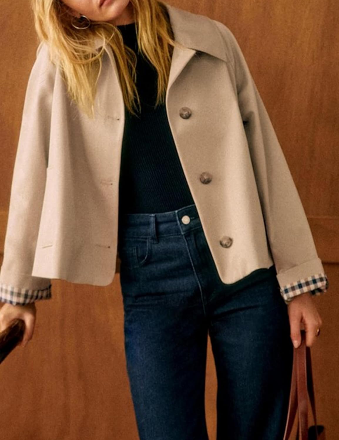 Pocketed Oversize Plaid-Lining Crop Trench Jacket