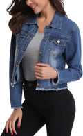Jean JacketWomenFrayed Washed Button Up Cropped Denim Jacket w 2 Side Pockets