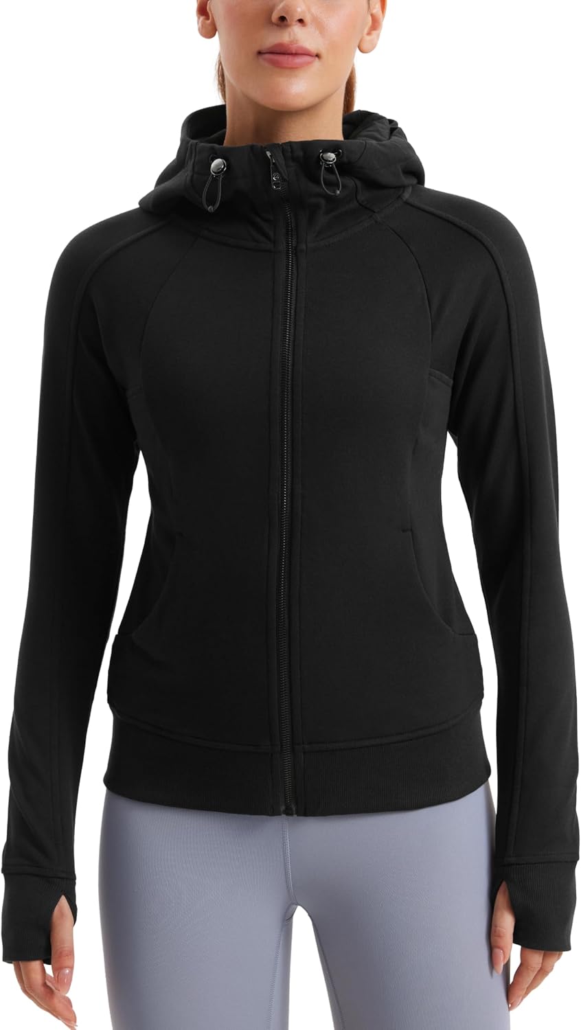 Women Fleece Full Zip Hoodie Jackets Workout Hooded Zipper Basic Casual Sweatshirts with Thumb Holes