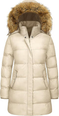 Women Long Winter Puffer Coat Warm Jacket with Faux Fur Removable Hood Windproof Parka Outwear