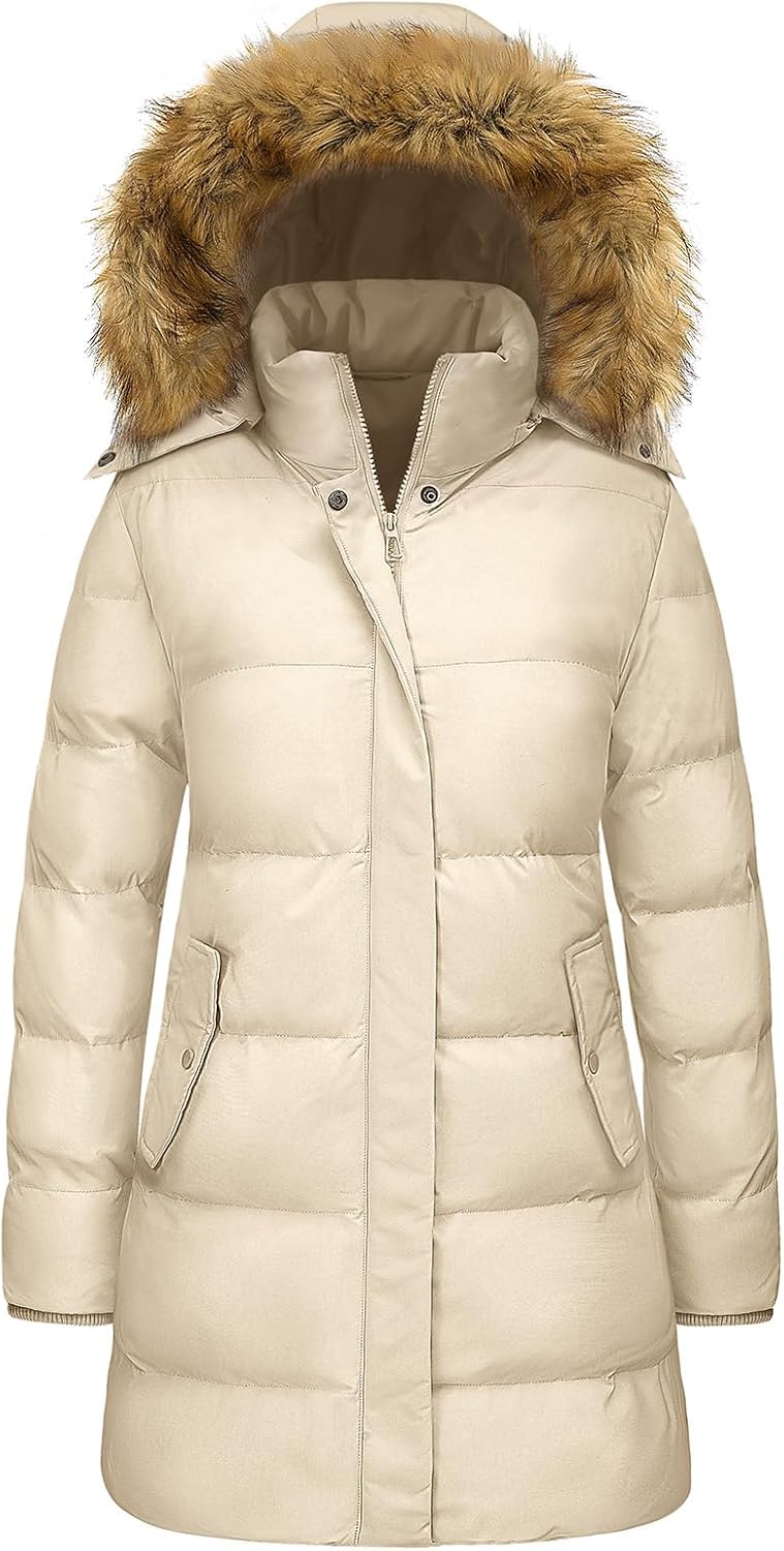 Women Long Winter Puffer Coat Warm Jacket with Faux Fur Removable Hood Windproof Parka Outwear