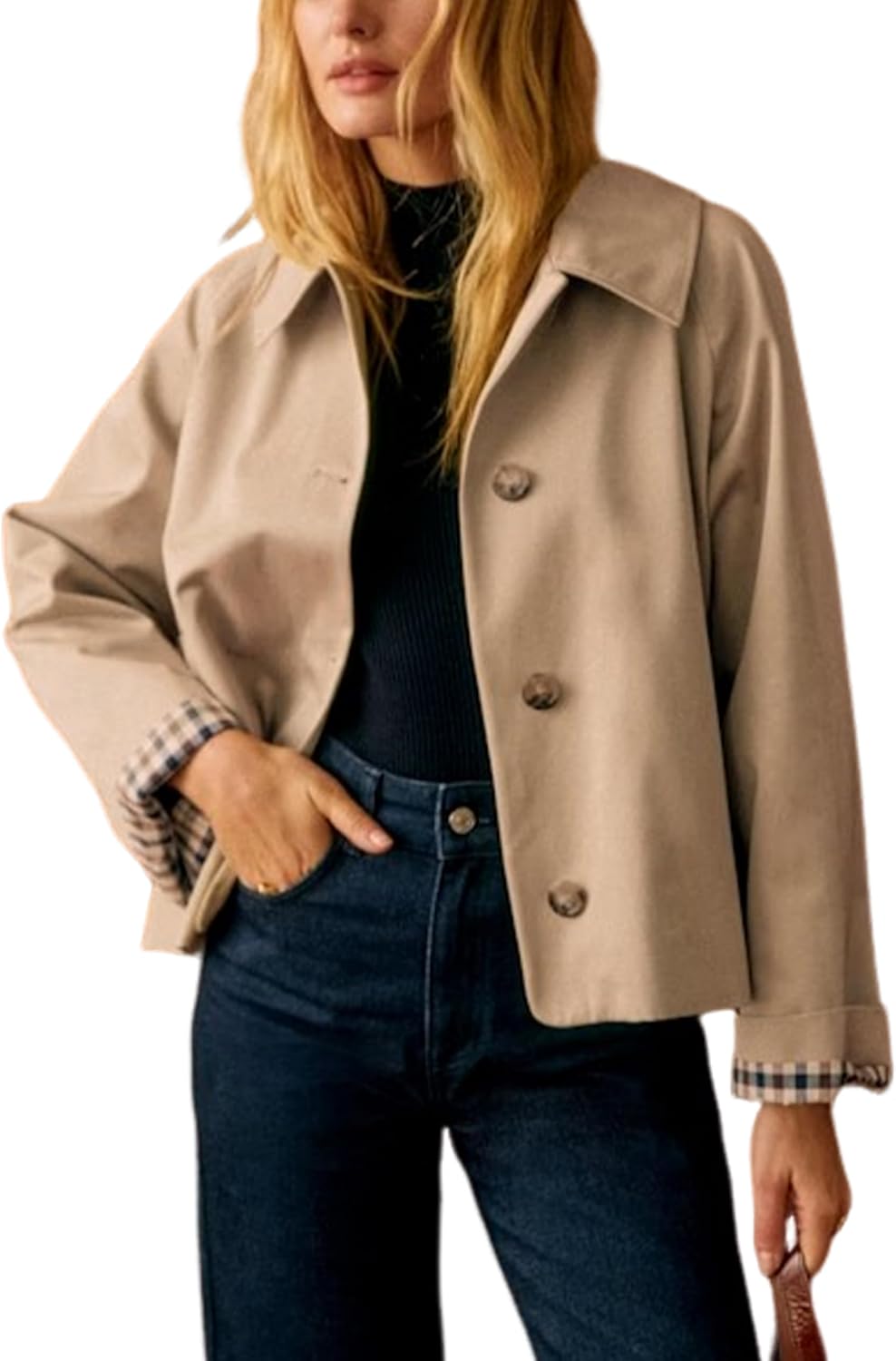 Pocketed Oversize Plaid-Lining Crop Trench Jacket