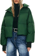 Women Winter Oversized Cropped Puffer Jacket Zip Up Short Down Coat Stand Collar Baggy Overcoat