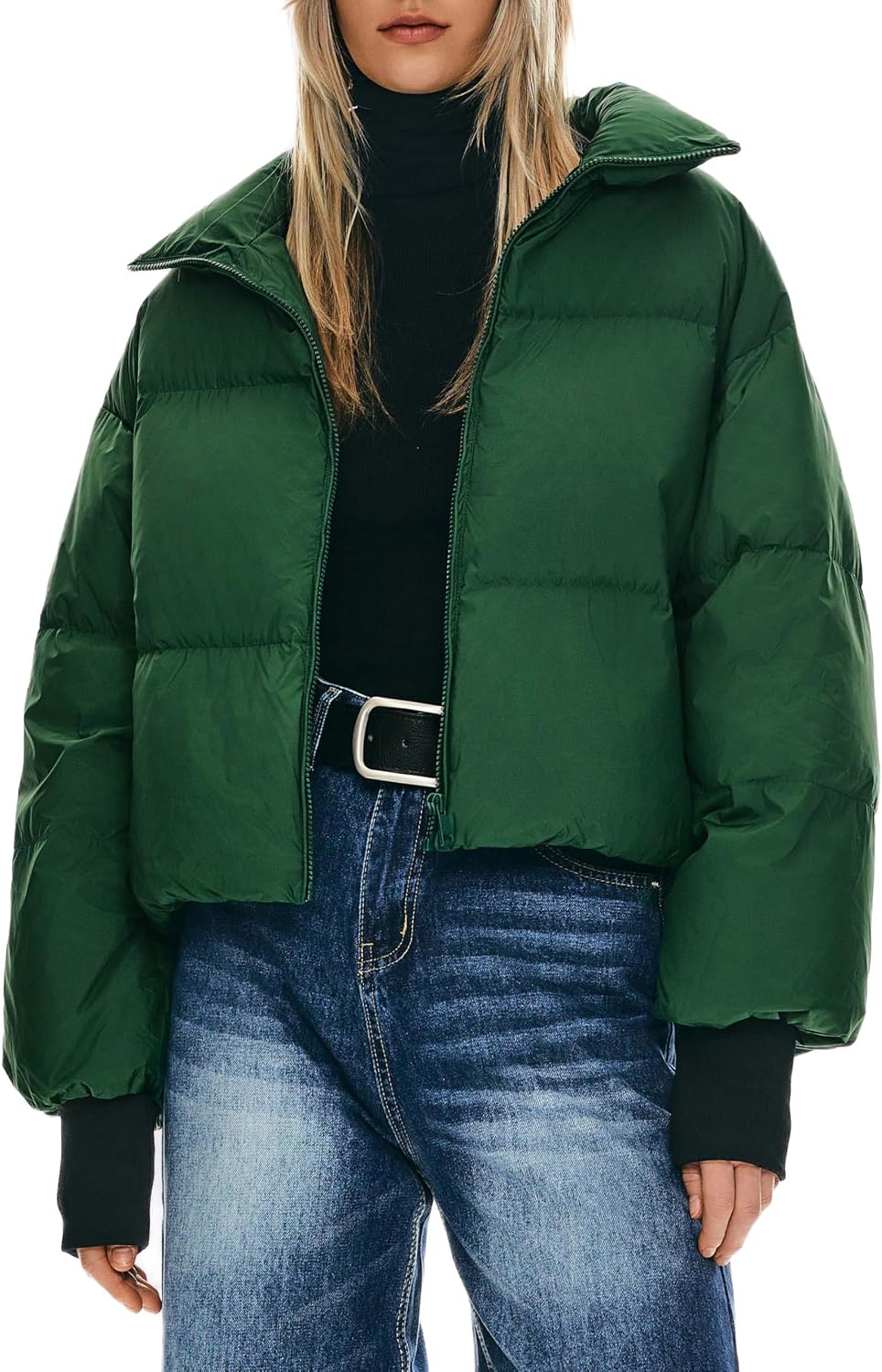 Women Winter Oversized Cropped Puffer Jacket Zip Up Short Down Coat Stand Collar Baggy Overcoat